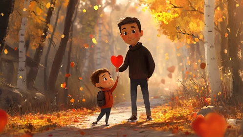 Father and Son Exchange Love in Autumn Forest.