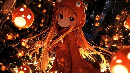 Luminous hooded girl amid floating ember lantern orbs.