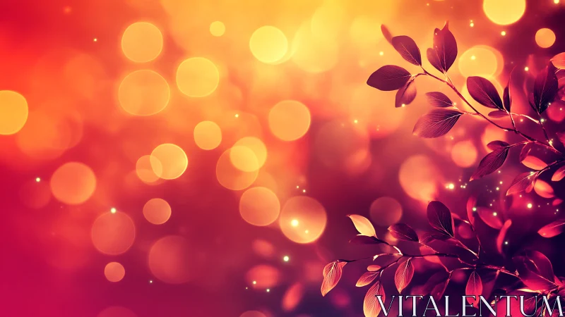 Leaves silhouette against warm abstract bokeh background.