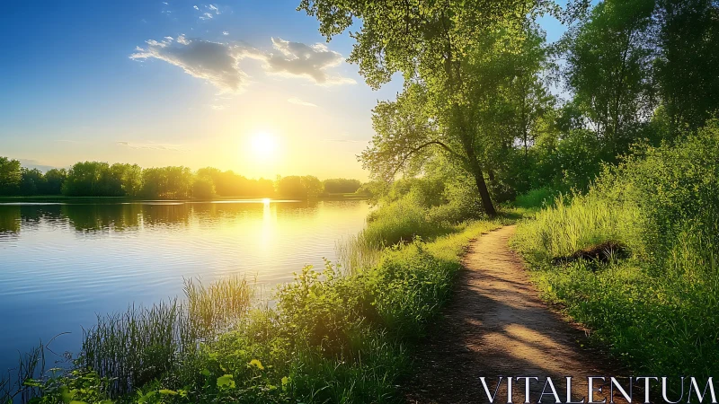 Sunlit river path where evening whispers through green woods.