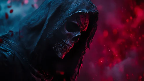 Hooded skeletal figure in red and blue atmospheric lighting.