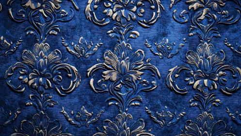Royal blue damask pattern glows with embossed metallic detail