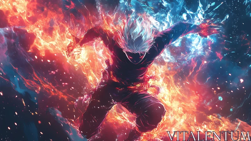 White haired fighter diving through fire and ice energy.
