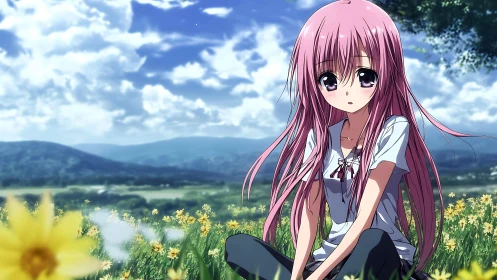 Pink haired anime girl resting in sunlit wildflower meadow.