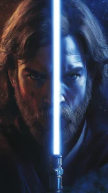 Jedi warrior portrait splits light and shadow with saber