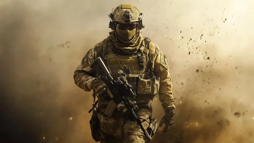 Dust-shrouded commando strides forward through digital war