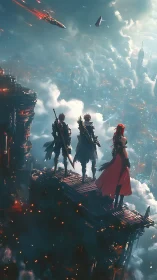 Triad of cyber knights surveying stratified sky megacity