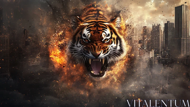 Explosive tiger projection intersecting urban skyline geometry.