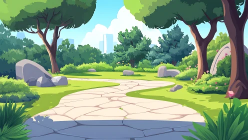 Urban Park Pathway: Green Space with Trees and Sky.