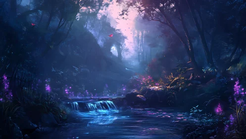Luminescent forest landscape with glowing waterfall and mystical vegetation
