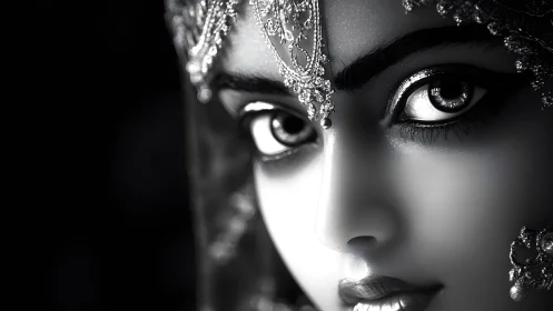 Striking close-up of woman in ornate jewelry, dramatic black and white style.