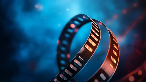 Glowing film reel swirling through a dreamy blue cosmos.