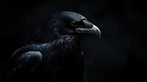 Raven portrait isolates glossy black plumage in deep shadow