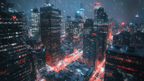 Neon-lit winter metropolis skyline under dynamic snowfall.