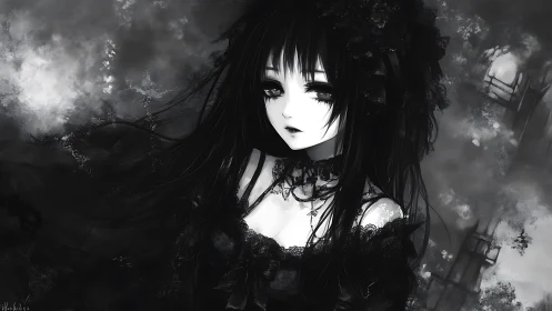 Gothic lolita girl in monochrome misty nightscape.