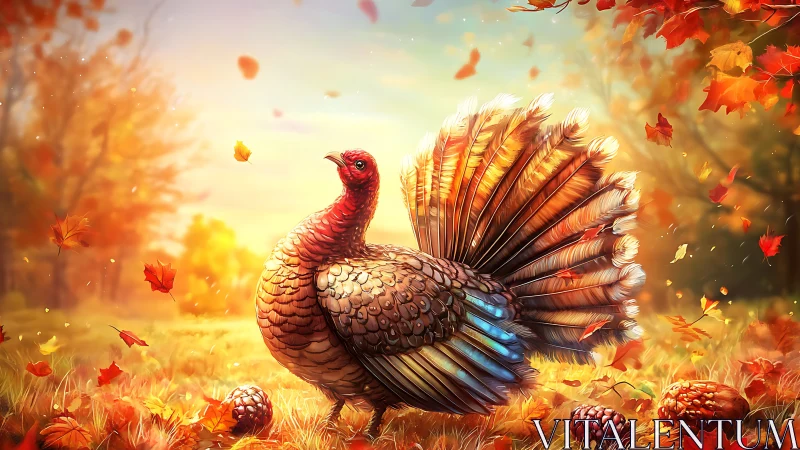 Autumnal galliform display under backlit deciduous canopy.