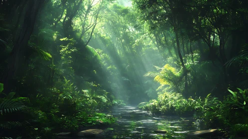 Sunlit Forest Stream Through Dense Tropical Canopy.