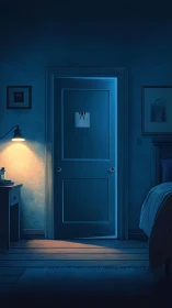 Nighttime bedroom doorway with blue rim lighting and ajar door