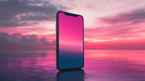 Smartphone Mockup Against Sunset Ocean Horizon.