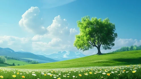 Solitary springtime tree crowns a meadow of drifting light