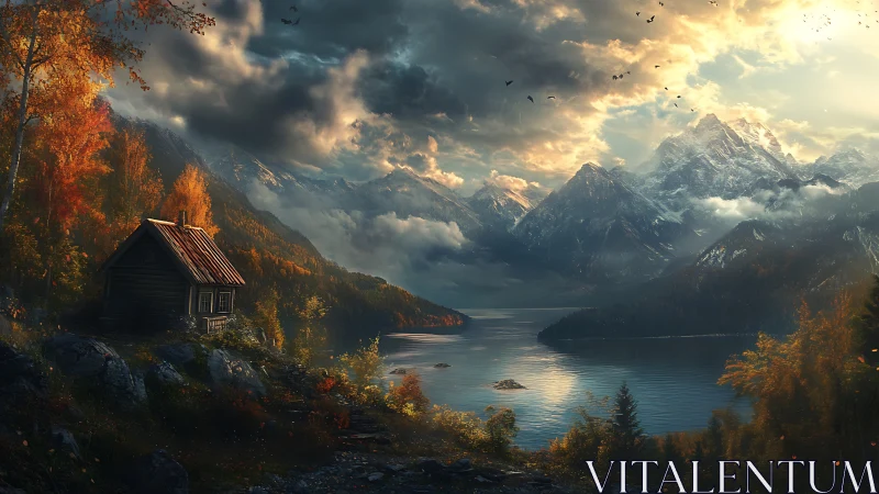 Lakeside mountain cabin glowing under dramatic autumn sky.