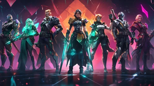 Elite cyber fantasy squad under neon crystalline light field.