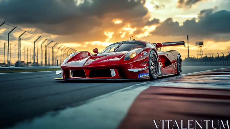 Sunset sprint with a sleek red race car on the circuit.