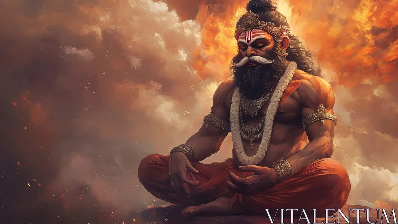 Mythic ascetic figure meditating against fiery cloudscape.