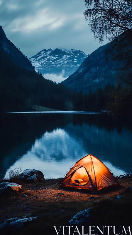 Glowing lakeside tent under twilight mountain peaks.