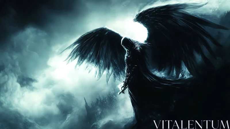 Midnight seraph with shadowed wings guarding a ruined world.