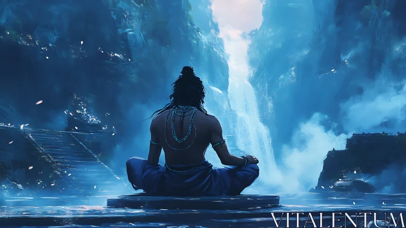 Meditating figure studies cascading waterfall in misty gorge