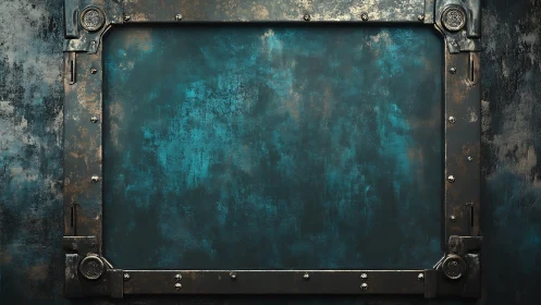 Rectangular metal frame encloses distressed teal panel