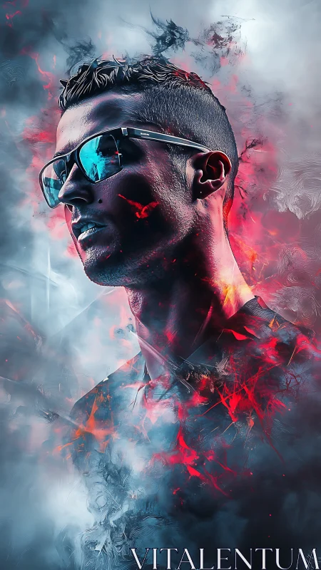 Stylized man in sunglasses amid blue and red smoke.