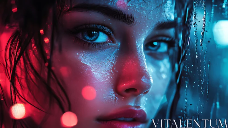 Close-up of wet face under red and blue neon lighting.