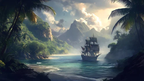 Tropical Galleon in Luminous Coastal Cove with Dramatic Geology.