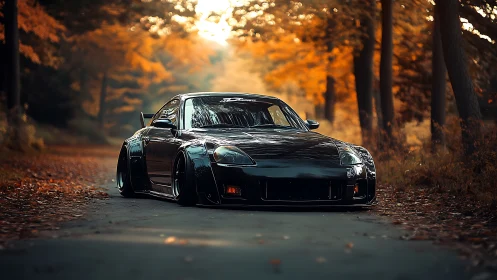 Slammed black sports car glides through a golden autumn lane