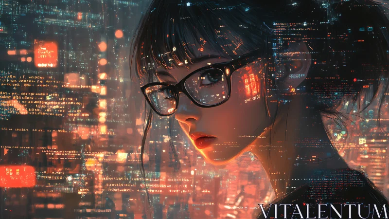 Cybernetic coder portrait merges neon UI overlays and reflective optics