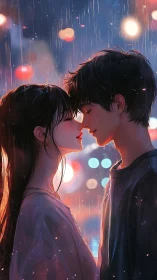 Rain-drenched citylight lovers pause with hearts almost touching