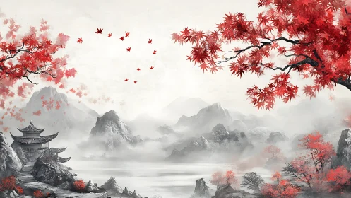 Red maple trees crown misty mountains and tranquil temple.