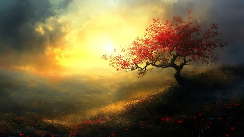 Backlit crimson tree on misted hillside at golden sunrise