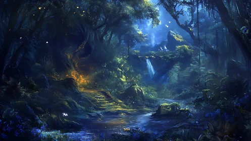 Enchanted Forest Grotto with Luminous Stream and Waterfall