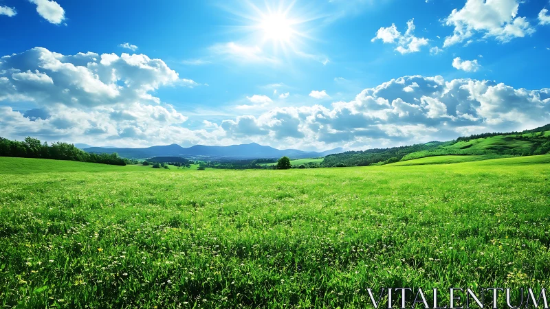 Wide grass field extends toward distant hills under sunlight