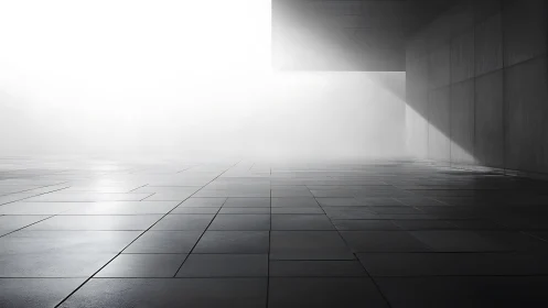 Minimalist architectural space with dramatic geometric light and shadow