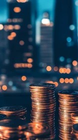 Gold coin stacks glow against blurred city skyline at night.