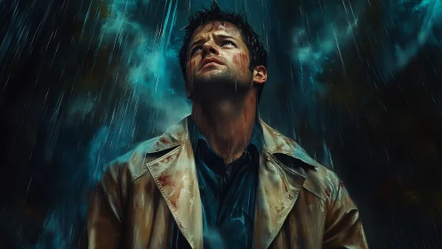 Wounded man in trench coat endures storm under dark sky