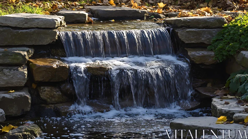 Small garden waterfall pours over stone ledge into pool
