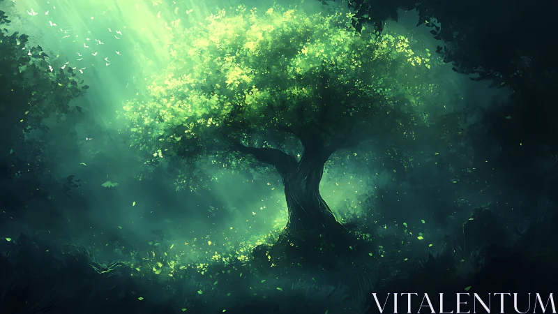 Emerald heartwood tree glowing softly in a hidden forest.