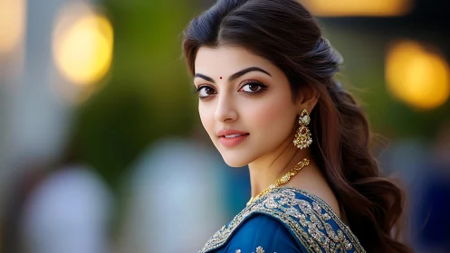 Photorealistic portrait of woman in embellished blue sari.