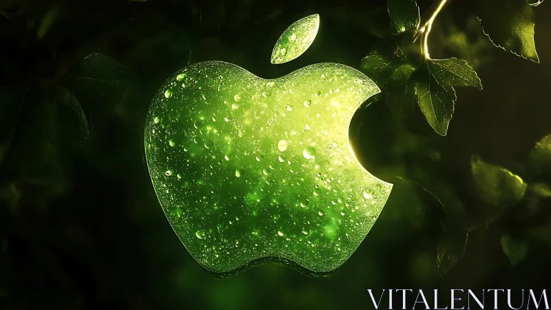 Luminous dew-soaked apple emblem glowing in forest hush.