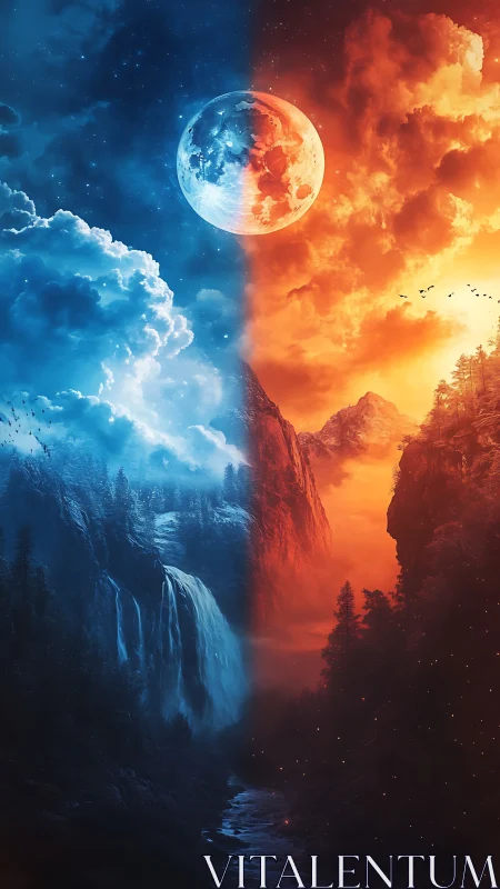 Dual elemental landscape divides moonlit ice and fiery sky